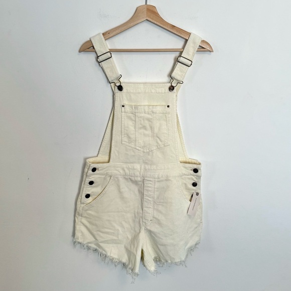 NWT Anthropologie Pilcro Frayed Dungarees Short Corduroy Overalls Ivory Size 27 - Picture 4 of 8